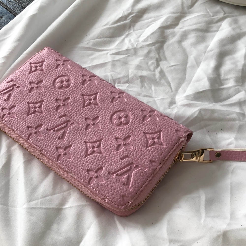 Pink Embossed Monogram Leather Mini Wristlet Wallet